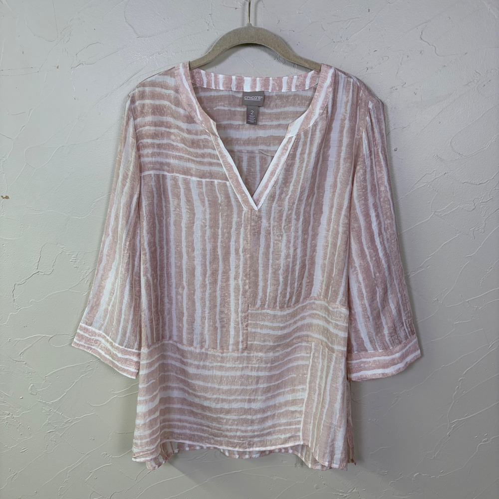 Chicos Blouse Womens 2 Pink White Abstract Stripe V Neck 3/4 Sleeve Coastal